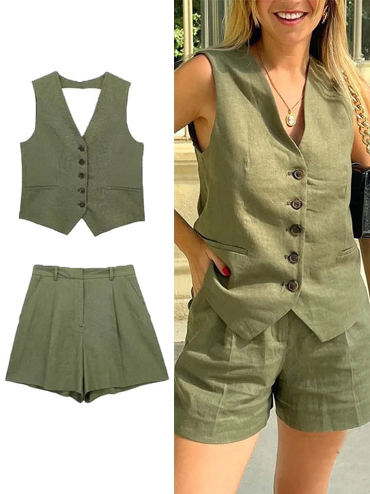 jinran Women Solid Vest Blazer Sets Summer V-neck  Single Breasted Jacket A-Line Zipper Short Trouser Causal Basic Suits