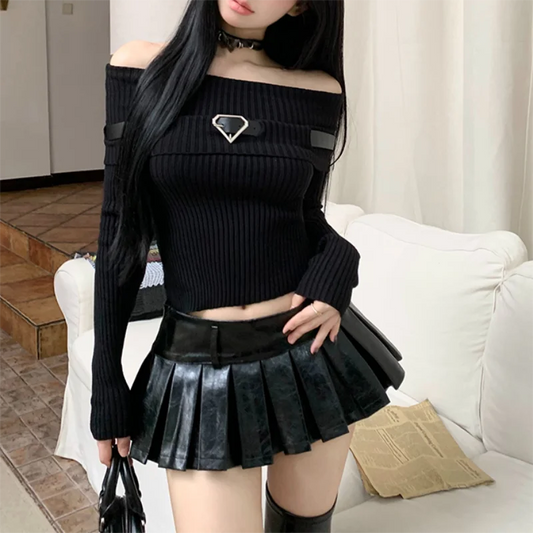 jinran Women Off Shoulder Slash Neck Sweater Long Sleeve Knitwear Solid Pullovers Sexy Girl Street Short Tops Y2k 2024 Fall Winter