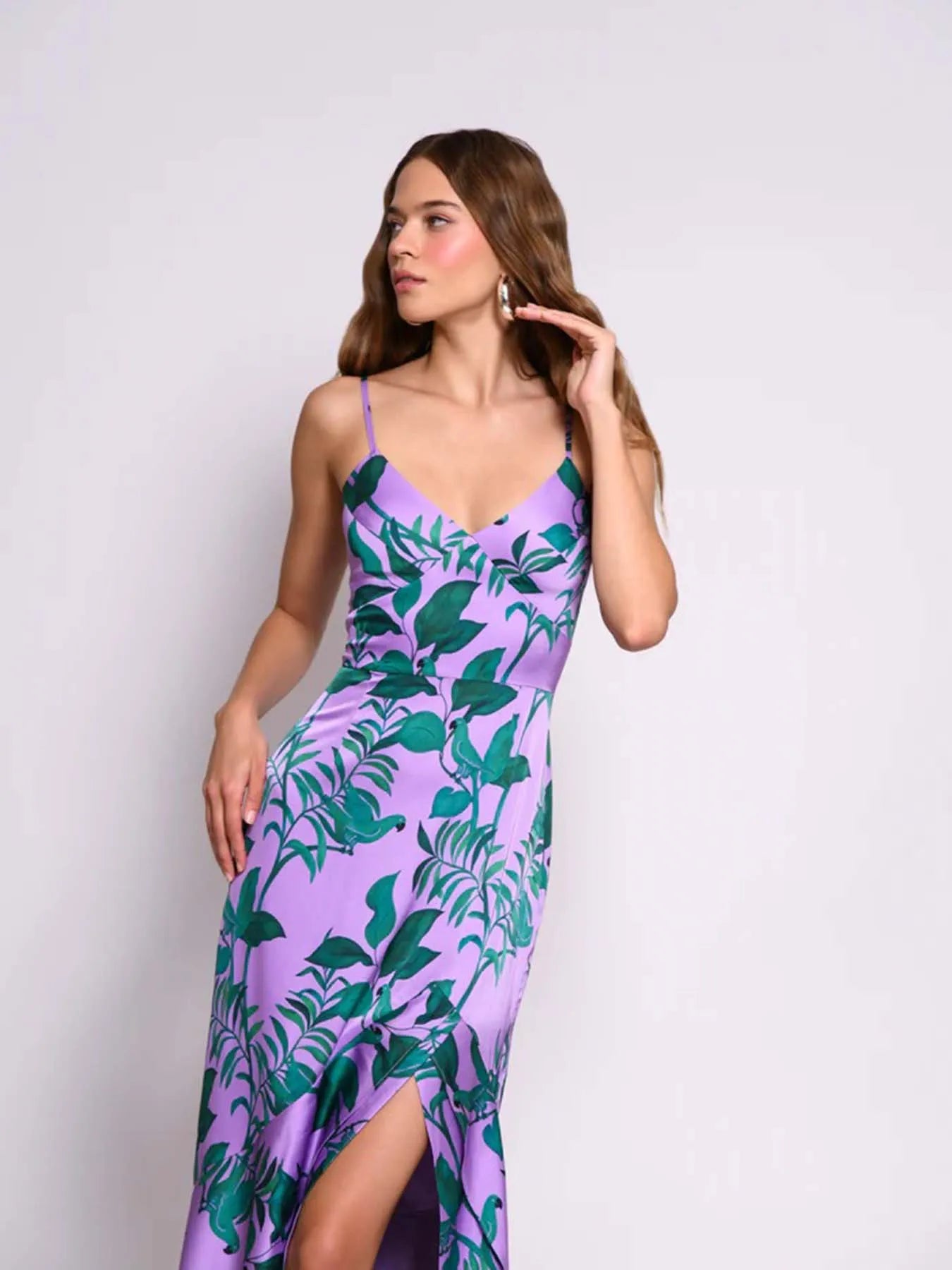 Elegant Floral Printed Spaghetti Strap V-Neck Long Dress For Women High Waist Sexy High Fork Fashion Casual Clothing In 2024