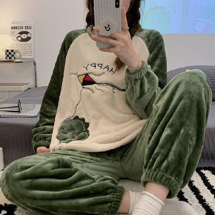 jinran Autumn Winter New Warm Flannel Women's Pajamas Set Long-sleeved Trousers Two-piece Set Cute Soft Home Wear Clothes for Women