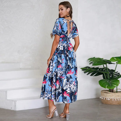 jinran Women Autumn Outfits Short Sleeve Sexy V-Neck Slim Bohemian Print Dress Popular Printed Summer Dress Women