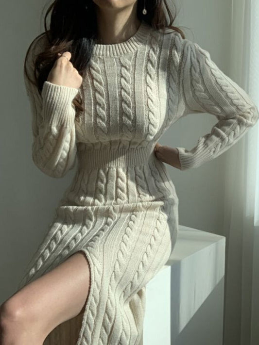 jinran Retro Split Knit Dress Women's Autumn Winter New Waist Slimming Bottoming Sweater Skirt Dress for Women Sweaters Dresses