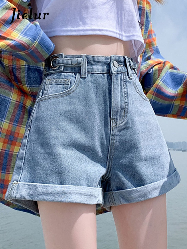 jinran Summer New Women Adjustable Waist Slim Short Jeans Lady High Street Wide Leg Short Pants Female High Waist A-Line Shorts