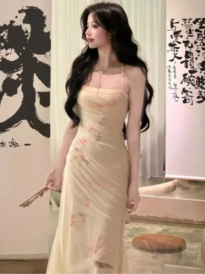 jinran Sexy Bodycon Printed Mesh Long Dresses for Women Backless 2024 Summer New Korean Elegant Fashion Evening Party Female Vestidos