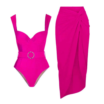 jinran 2024 One Piece Swimsuit Women Swimwear with Beach Skirt V Neck Bathing Suit Flower Beachwear Monokini Swim Summer