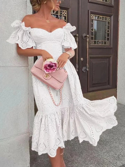 jinran Women Sexy Off Shoulder Lace Long Dress 2022 Solid Ruffle Cutout Boho Casual Holiday Beach Elegant Party Dresses  Summer платье