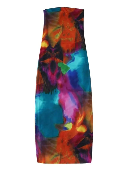 jinran Women Sexy Strapless Contrast Color Tie Dyed Printing Mesh Slim Midi Dress Female Chic Party Vestidos DS2120