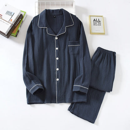 jinran New Spring And Autumn Pure Cotton Crepe Cloth Couple Soft Men Long-Sleeve Simple Home Service Women Two Piece Set