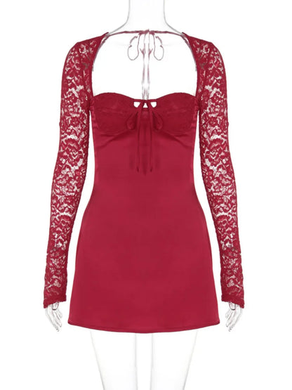jinran Halter Strapless Sexy Mini Dress For Women Summer New Sheer Lace Long Sleeve Backless Lace-up Party Dress Fashion