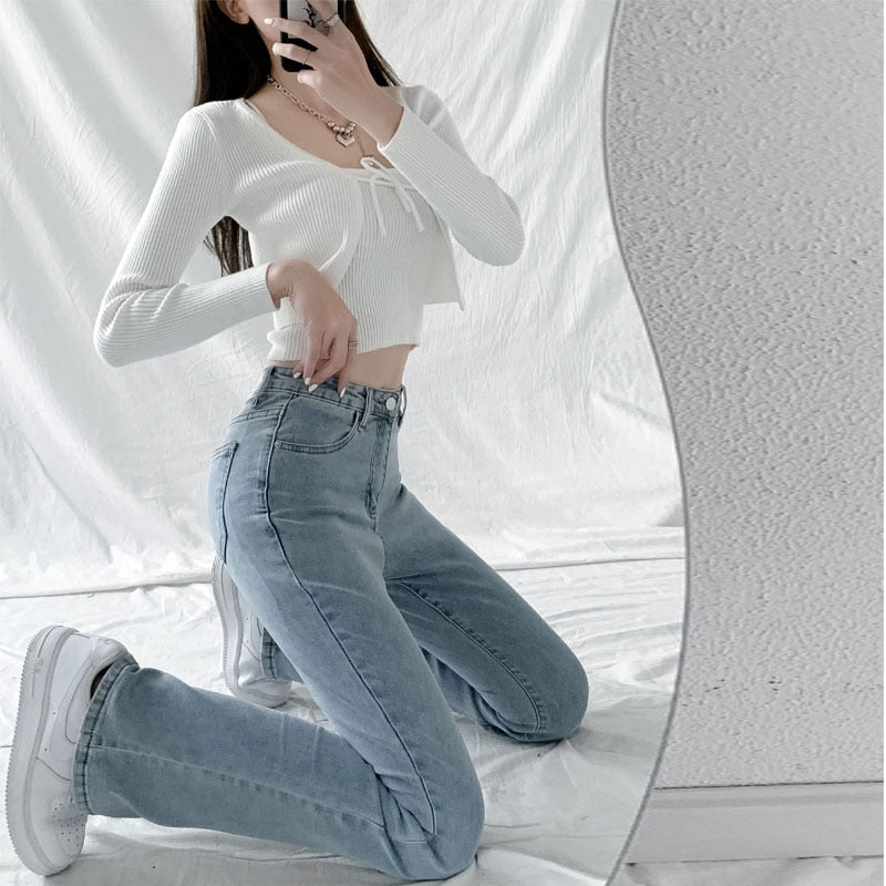 jinran Jeans Women Solid Blue Sexy Slimhigh Waist Jean Simple Ladies  Full Length Mom Cowboy Denim Flared Pants Mujer 2022 Spring New