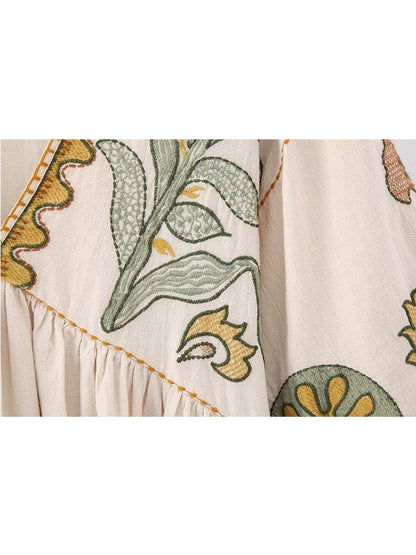 jinran Summer Women Embroidery Dress 2024 New Female V-Neck Flare Three Quarter Sleeve Leisure Vacation Style Loose Mini Dress