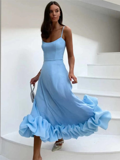 jinran Female Sexy Solid Ruffle Hem Sling Long Dress Women Fashion Sleeveless A Line Dresses New Spring Lady Evening Party Vestido