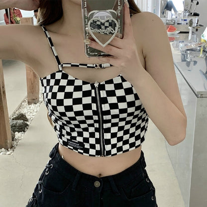 jinran Black White Plaid Crop Top Women Design Zipper Camisole Slim Sexy Tank Top French Chic Sports Bandeau Girl Summer 2022 New