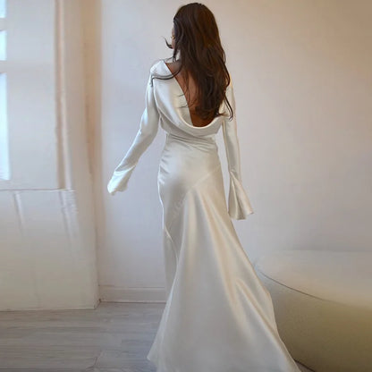 jinran Woman Flare Long Sleeve Sexy Backless Strapless Satin High Split Autumn SolidDresses Ladies Elegant Slim Party Long Dress