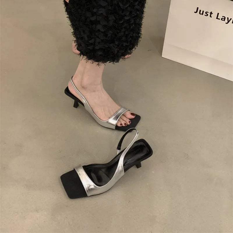 jinran 2024 Summer Women's Slingback Sandal Square Toe Fashion Thin Heel Narrow Strap Party Shoes Lady Casual High Heel Sandalias Mujer