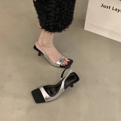 jinran 2024 Summer Women's Slingback Sandal Square Toe Fashion Thin Heel Narrow Strap Party Shoes Lady Casual High Heel Sandalias Mujer