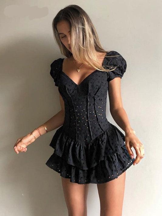 jinran Fashion V Neck Ruffles Pleated Dress Women Puff Sleeve Chic Black Summer Dress Party Hollow Out Vintage Corset Ladies