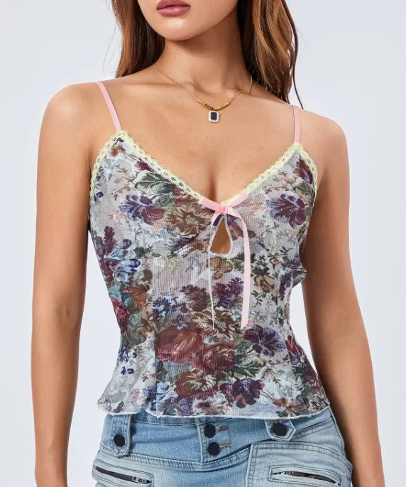 Valentine's Day Suspender Thin Female Clothing Printed Sleeveless Top Hollow Out Floral Lace Sexy Girl Vest Spring Summer Party