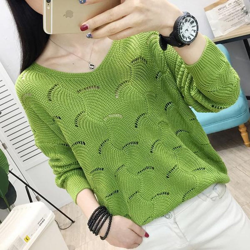 jinran Korean Hollow Out Solid Thin Loose Women's Clothing V-Neck Spring Summer Pullovers Slight Strech Multiple Colour Sweaters Trend