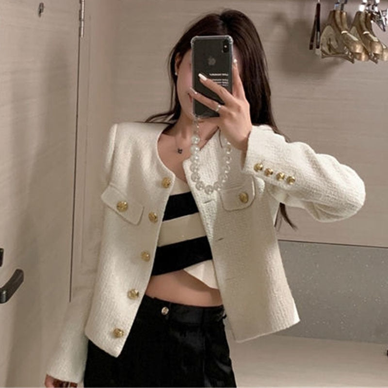 jinran Elegant Tweed Jacket Women New Spring Autumn Vintage O-Neck Single Breasted Cropped Jacket Korean Long Sleeve Short Coat Top