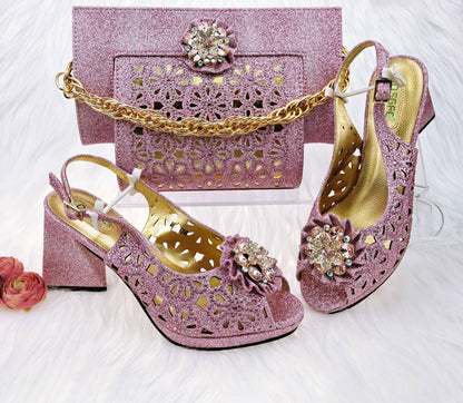 jinran Newest Gold Color Cutout High Heels Decorated with Rhinestone Flower Design Party Women's Shoes and Bags Set