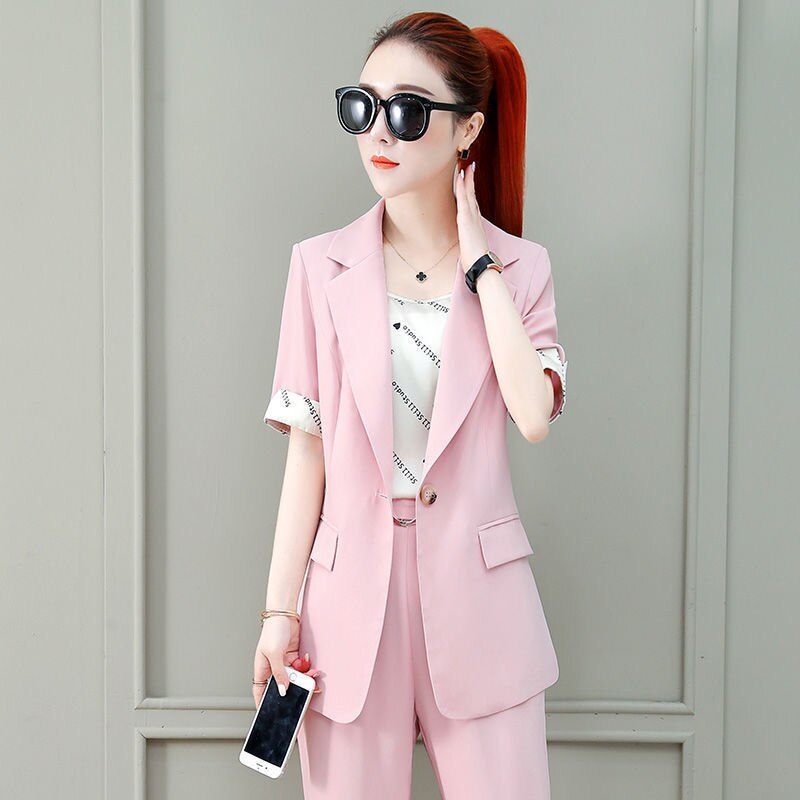 jinran 2022 Summer New French Elegant Women's Pants Suit Slim Jacket Office Blazer Casual Trousers Two-piece Set Female Tracksuit Set