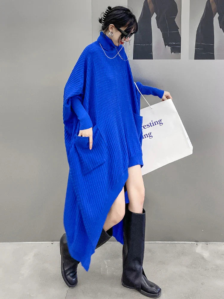 jinran Women Blue Irregular Back Long Big Size Knitting Dress New Turtleneck Long Sleeve Fashion Tide Spring Autumn 2024 1DF9757