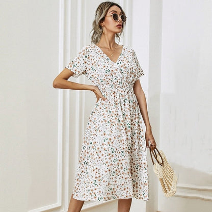 jinran Floral Print Shirred Waist Flared Hem Dress Summer Women Holiday Short Sleeve V-neck A-line Long Dress Robe Femme