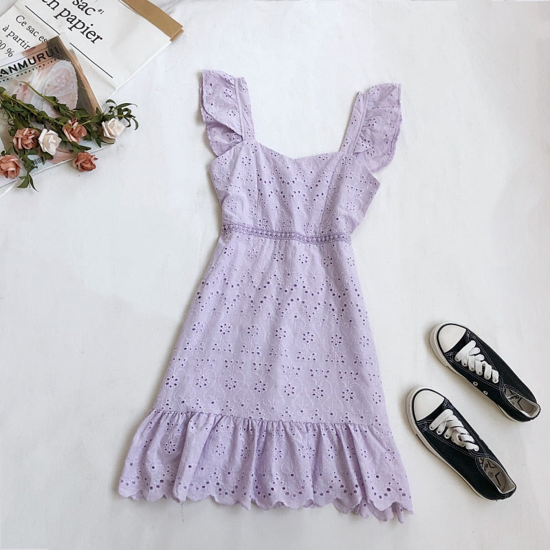 jinran 2022 New Summer Women Vintage Fashion Square Collar Sleeveless Hollow Out Solid Lace Mini Dress Ladies Party Vestidos