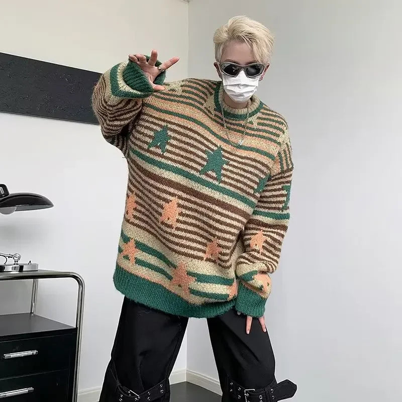 Y2K Star Sweater Men Harajuku Striped Knitted Pullovers Jumpers Male Tops Oversize Purple Winter Streetwear Hip Hop