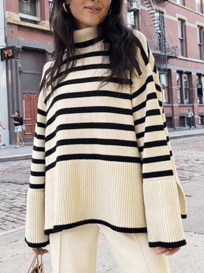 jinran Fashion Tops Women Striped High Collar Sweater New Autumn Winter Loose Design Knitted Pullover Oversized Sweater  Jumper