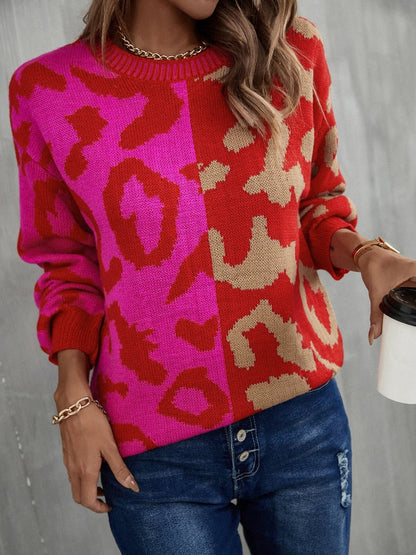 jinran Fashion Tops Women Autumn Winter New Leopard Print Stitching Sweater Streetwear Round Neck Long Sleeve Knitting Pullover