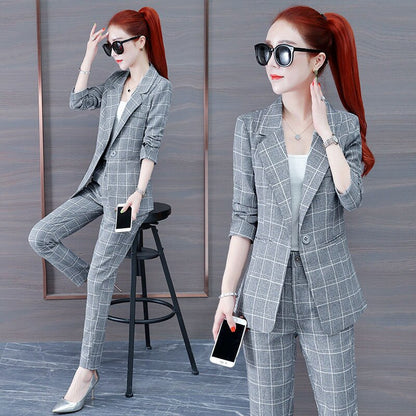 jinran Summer New Korean Fashion Elegant Women's Pants Suit Thousand Bird Lattice Slim Fit Jacket White Vest Trousers Three Piece Set