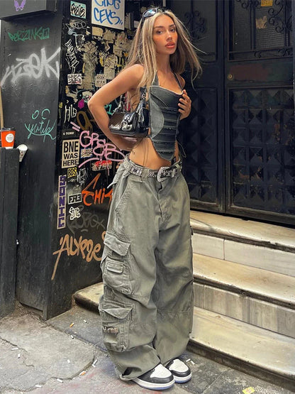 jinran Women's High Waisted Cargo Pants Travel Y2K Streetwear Baggy Stretchy Pants with 6 Pockets Drawstring Ankle Cuffs