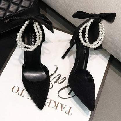 jinran Black Women's Pumps 2024 Summer New Brand Design String Bead Pearls Wedding Bridal High Heels Sexy Pointed Toe Party Dance Shoes