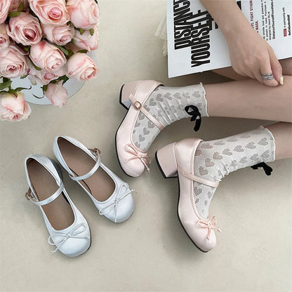 jinran New Thick Heel Shoe Elegant Bow Lolita Shoes College Girls High Heels Pumps Fashion Women Sandals Dancing Shoes Mary Janes Shoes