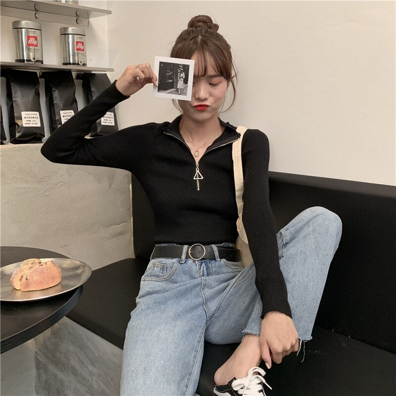 jinran New Fashion Woman Sweaters Women's Outer Wear Black Turtleneck Sweater Autumn Winter Zipper Pullover Slim Fit Sweater Tops