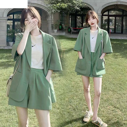 jinran Summer New Loose Casual Elegant Women's Shorts Suit Fruit Green Jacket Shorts Two Piece Set Female Tracksuit Office Leisure Suit