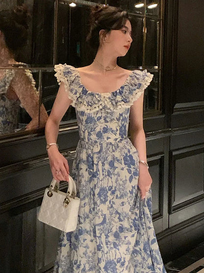 jinran Elegant Korean Fairy Long Dress Women Sexy Ruffles Party Slip Floral Dress Korean Style Summer Dress Female 2024 Casual Fashion