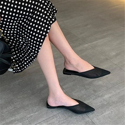 jinran Pointed Toe Half Slippers Women Flat Shoes Ladies Mesh Beach Slides Outside Mules Designer Gladiator Sandals  Summer