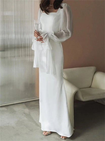 jinran White Ruffled Mesh Maxi Dress For Women High Waist Fashion Elegant Patchwork Slim Party Dress Female Lace-Up Long Dress
