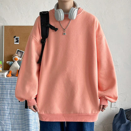 Harajuku Sweatshirts Men Korean Solid Color Basic O Neck Oversized Pullovers Spring Autumn Simple Fashion Casual Tops 5XL-M