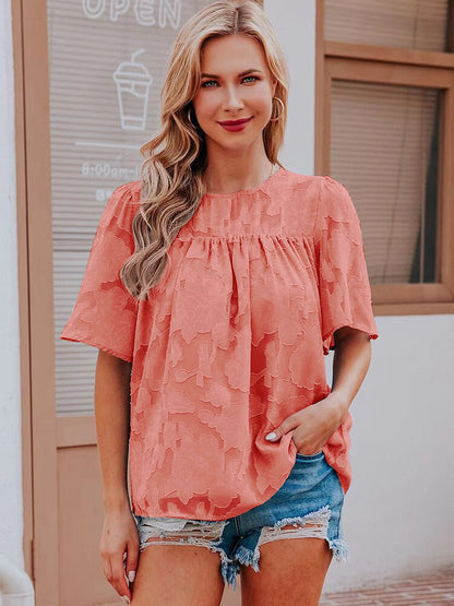 jinran Women Summer Short Sleeve Lace Jacquard Loose Blouse Elegant Solid Sweet Kawaii Shirts Korean Fashion Hollow Out Chiffon Tops