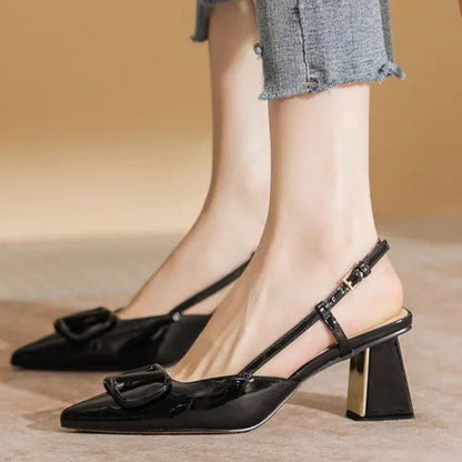 jinran 2024 Summer New Fashion Simple French Pointed Toe V-Button Shallow Dress Party Shoes Back Strap Buckle Thick Heel Sandals Women