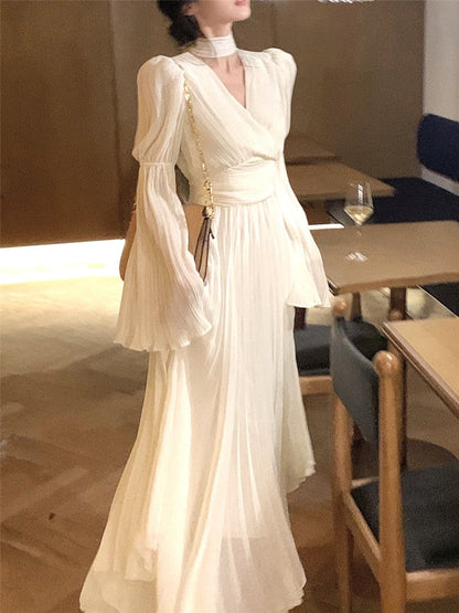 jinran Long Dress Women Elegant Spring Folds Fashion Evening Party Lady Vestido Vintage Summer French Loose Dresses Female Clothing