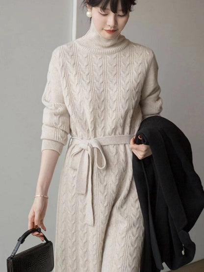 jinran Women Clothing Fashion Turtleneck Knitted Dress 2022 Autumn Winter New Lace-up Waist Sweater Skirt Korean Clothes Women Dresses
