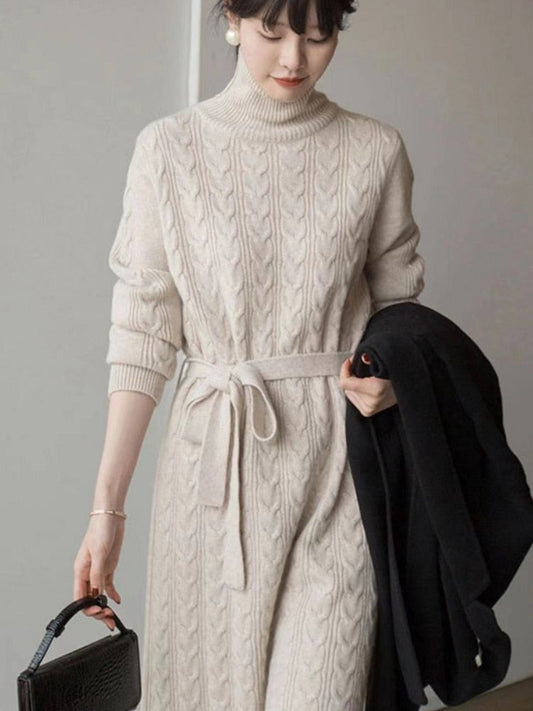 jinran Women Clothing Fashion Turtleneck Knitted Dress 2022 Autumn Winter New Lace-up Waist Sweater Skirt Korean Clothes Women Dresses