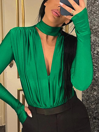 jinran Deep V Neck Full Sleeve Sexy Bodysuit Women Rompers Winter New Skinny Party Pleated Bodysuits Ladies T-shirt Clubwear