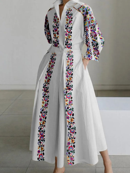 jinran Vintage Cotton Linen Dresses Women Summer Elegant Lapel Oil Painting Button Midi Dress Vestidos Streetwear Party Vestido