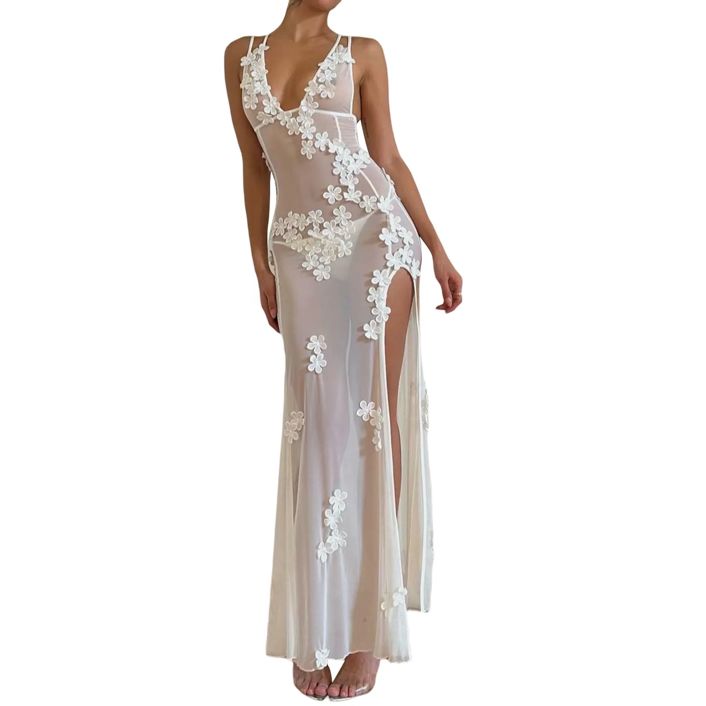 jinran Women 2024 Fashion Sheer Mesh Sleeveless Dress Summer V Neck Flower Slit Party Dress for Cocktail Beach Club Streetwear